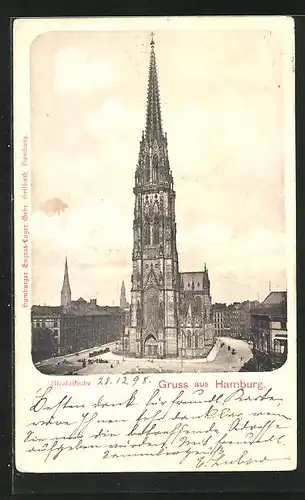 AK Hamburg, Nicolaikirche aus der Vogelschau
