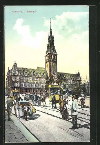 AK Hamburg, Rathaus, Strassenbahn