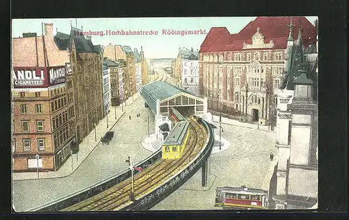 AK Hamburg, Hochbahnstrecke am Rödingsmarkt, U-Bahn verlässt die Station