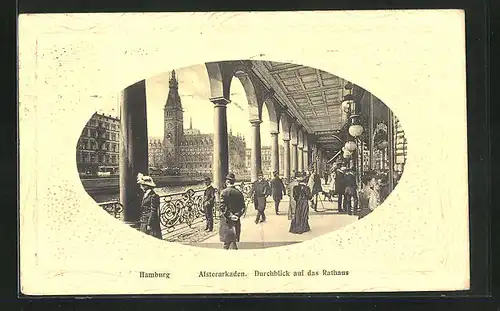 Passepartout-AK Hamburg, Alsterarkaden, Durchblick zum Rathaus