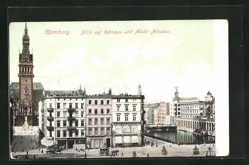 AK Hamburg, Blick auf Rathaus und Alsterarkaden