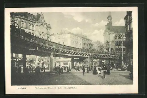 AK Hamburg, Rödingsmarkt-Graskeller-Ecke mit Hochbahn