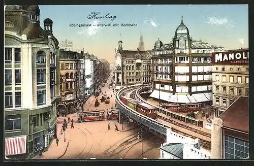 AK Hamburg, Rödingsmarkt, Alterwall mit Hochbahn, U-Bahn, Strassenbahn