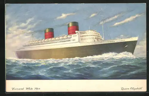 AK Passagierschiff Queen Elizabeth auf hoher See, Cunard White Star Line