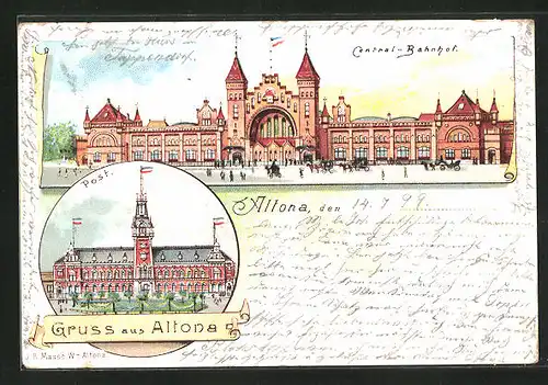 Lithographie Hamburg-Altona, Central-Bahnhof, Postgebäude