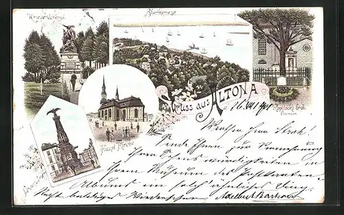 Lithographie Hamburg-Altona, Kriegerdenkmal, Blankenese, Hauptkirche, Siegesdenkmal und Klopstocks Grab