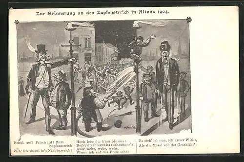 AK Hamburg-Altona, Zapfenstreich von Altona 1904, Menschenmenge wird mit dem Wasserschlauch bespritzt
