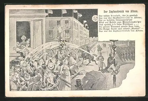 AK Hamburg-Altona, Zapfenstreich von Altona, Menschenmenge wird mit Wasser bespritzt