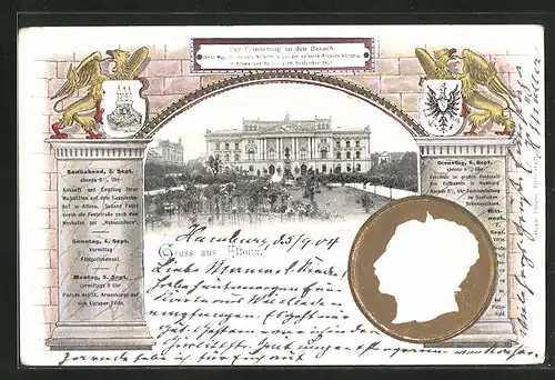 AK Hamburg-Altona, Rathaus, Erinnerung an den Besuch Kaiser Wilhelm II. und Gemahlin im September 1904, Wappen