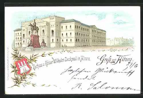 Lithographie Hamburg-Altona, Rathaus und Kaiser Wilhelm Denkmal, Wappen