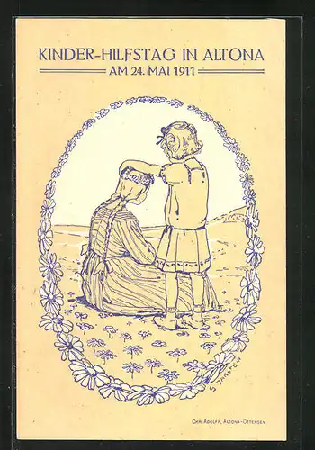 AK Hamburg-Altona, Kinderhilfs-Tag und Blumentag 1911, Mädchen mit Blumenkranz auf der Wiese