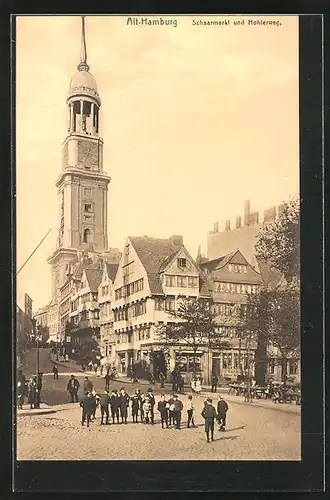 AK Hamburg-Neustadt, Schaarmarkt und Hohlerweg, Blick zum Michel