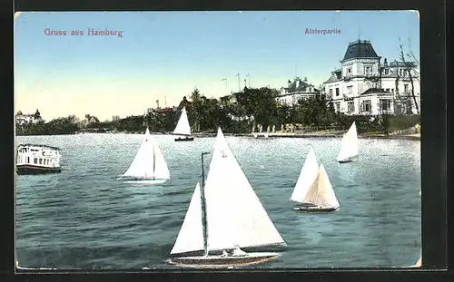 AK Hamburg-Winterhude, Segelboote auf der Alster