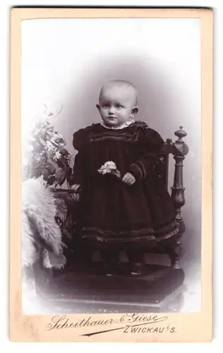 Fotografie Scheithauer & Giese, Zwickau, Aeussere Plauenschestr. 24, Kleinkind in schwarzem Kleid mit Blümchen