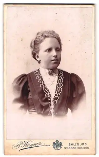 Fotografie Carl. P. Wagner, Salzburg, Dame mit zweifarbigem Kleid und Brosche