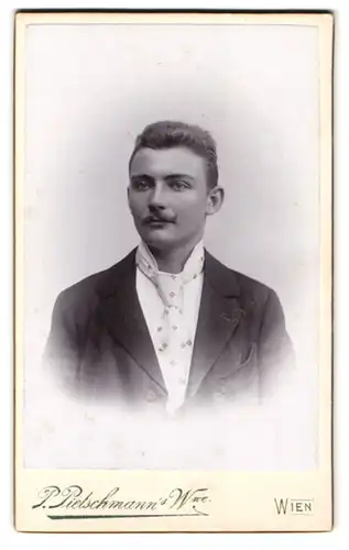 Fotografie P. Pietschmann`s Wwe., Wien, Rothensterngasse 33, junger Mann in legerer Krawatte mit Schnauzbart
