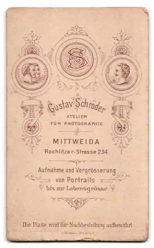 Fotografie Gustav Schröder, Mittweida, Rochlitzer Strasse 234, eleganter Herr mit Seitenscheitel und Schnauzbart