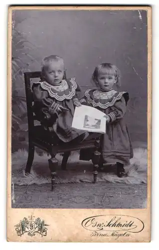 Fotografie Osw. Schmidt, Pirna, Ecke Grohmann- & Jackobäerstrasse, Portrait zwei kleine Mädchen in modischen Kleidern