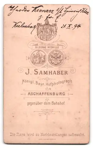 Fotografie J. Samhaber, Aschaffenburg, Portrait bürgerlicher Herr mit Zwicker und Oberlippenbart