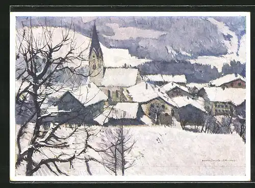 Künstler-AK Törwang, Teilansicht mit Kirche im Winter