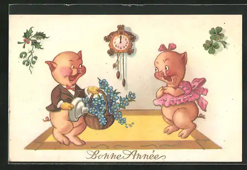 Künstler-AK Bonne Année, Neujahrsgruss, vermenschlichte Schweinchen