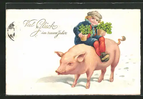 Künstler-AK Neujahrsgruss, Schweinereiter mit Klee