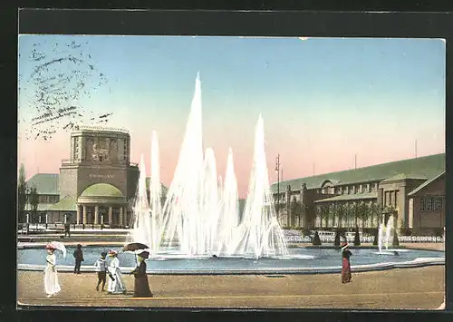 AK Leipzig, Internationale Baufachausstellung mit Sonderausstellungen 1913, Ausstellungshalle & Leuchtspringbrunnen