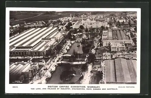 AK Wembley, British Empire Exhibition, The Lake and Palaces of Industry, Engineering, India, Canada and Australia