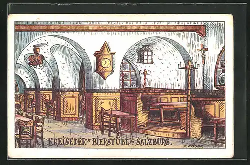 Künstler-AK Salzburg, Gasthaus Kreiseders Bierstübl, Innenansicht