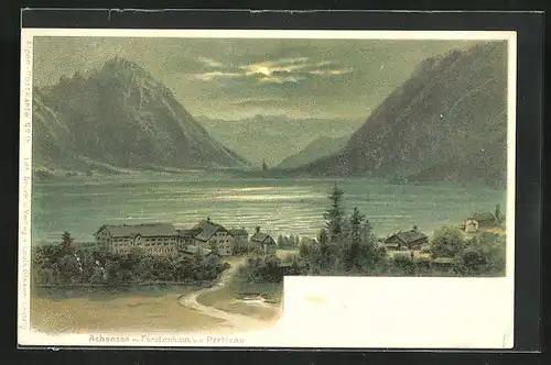 Lithographie Pertisau, Achensee mit Fürstenhaus im Mondschein