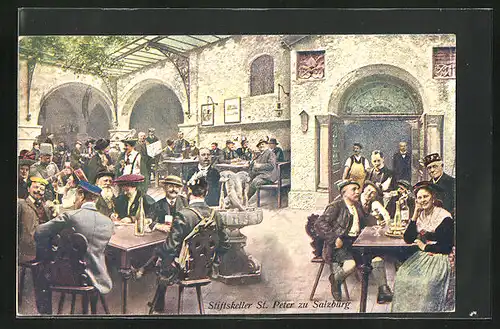 AK Salzburg, Gasthaus St. Peter mit Gästen