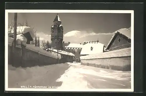 AK Hall i. T., Münzerturm im Schnee