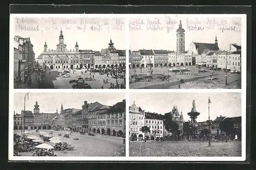 AK Budweis / Ceske Budejovice, Marktplatz, Kirche, Brunnen