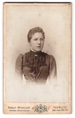 Fotografie Adolf Winkler, Goerlitz, Berliner-Strasse 12, Portrait junge Dame im Kleid mit Kragenbrosche