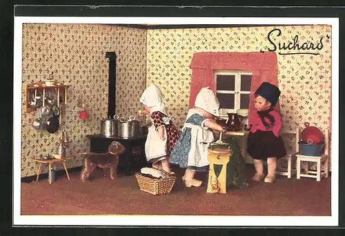 AK Käthe Kruse-Puppen in der Küche, Reklame für Suchard