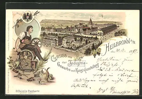 Lithographie Heilbronn a. N., Industrie- Gewerbe und Kunst-Ausstellung 1897, Ganzsache Württemberg, PP11 D11 /05