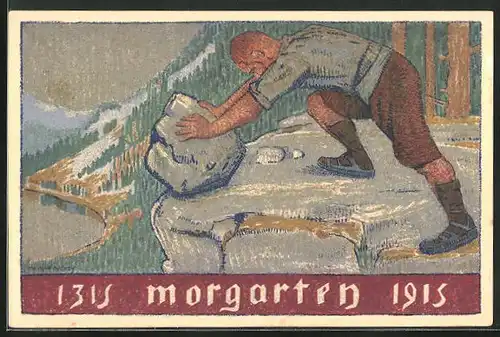 Künstler-AK Morgarten, 600e Anniversaire de Morgarten 1315-1915, Mann rollt einen Stein, Ganzsache