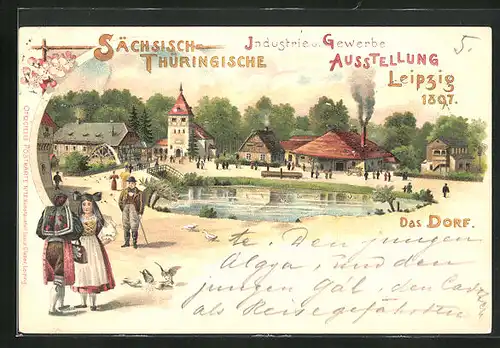 Lithographie Leipzig, Sächsisch-Thüringische Industrie-u. Gewerbe-Ausstellung 1897, Das Dorf mit Besuchern
