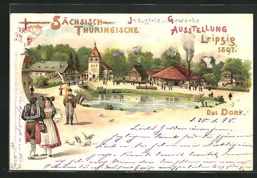 Lithographie Leipzig, Sächsisch-Thüringische Industrie-u. Gewerbe-Ausstellung 1897, Dorf mit Besuchern