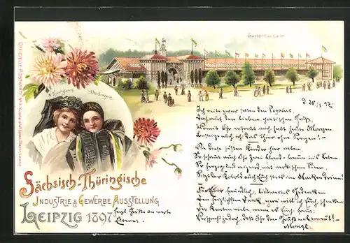 Lithographie Leipzig, Sächsisch-Thüringische Industrie-u. Gewerbe-Ausstellung 1897, Gartenbauhalle, Frauen in Tracht