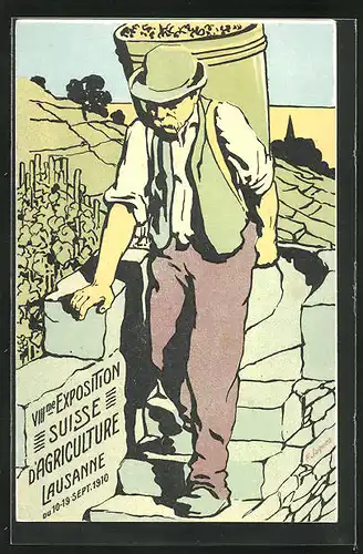 AK Lausanne, XIIIme Exposition Suisse d`Agriculture 1910, Bauer mit Heu auf dem Rücken