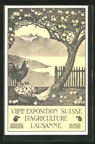 AK Lausanne, XIIIme Exposition Suisse d`Agriculture 1910, Hühner stehen beim Apfelkorb