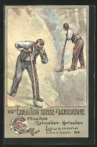 AK Lausanne, XIIIme Exposition Suisse d`Agriculture 1910, Bauern mit der Hacke, Bäume fallen herab