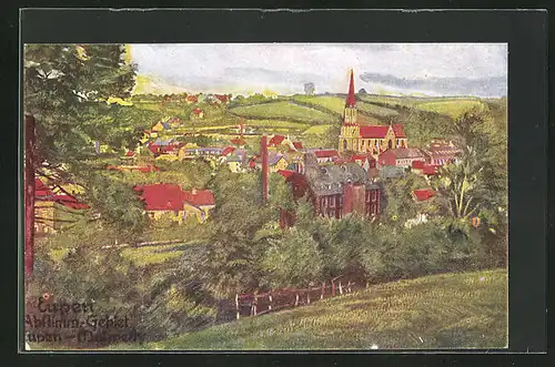 Künstler-AK Eupen, Ortsansicht vom Waldrand aus