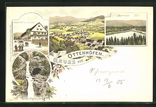 Lithographie Ottenhöfen, Gasthof zur Linde, Wasserfall Edelfrauengrab, Mummelsee