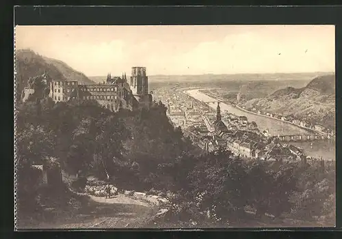 AK Heidelberg, Teilansicht und Hirte mit Schafen