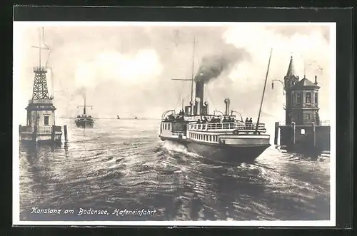 AK Konstanz am Bodensee, Hafeneinfahrt mit Dampfern