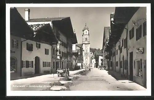 AK Mittenwald, Innsbrucker Strasse mit Bank