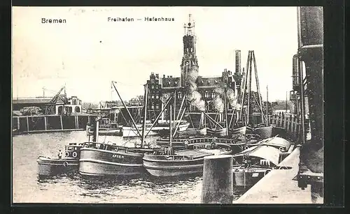 AK Bremen, Freihafen- Hafenhaus mit Booten