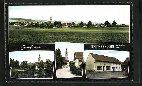 AK Reichersdorf / Isar, Bäckerei W. Obermaier, Kirche, Panorama